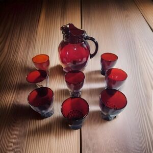 Royal Ruby Red‎ Glass Ball Pitcher Anchor Hocking Set + 8 Glasses 1394